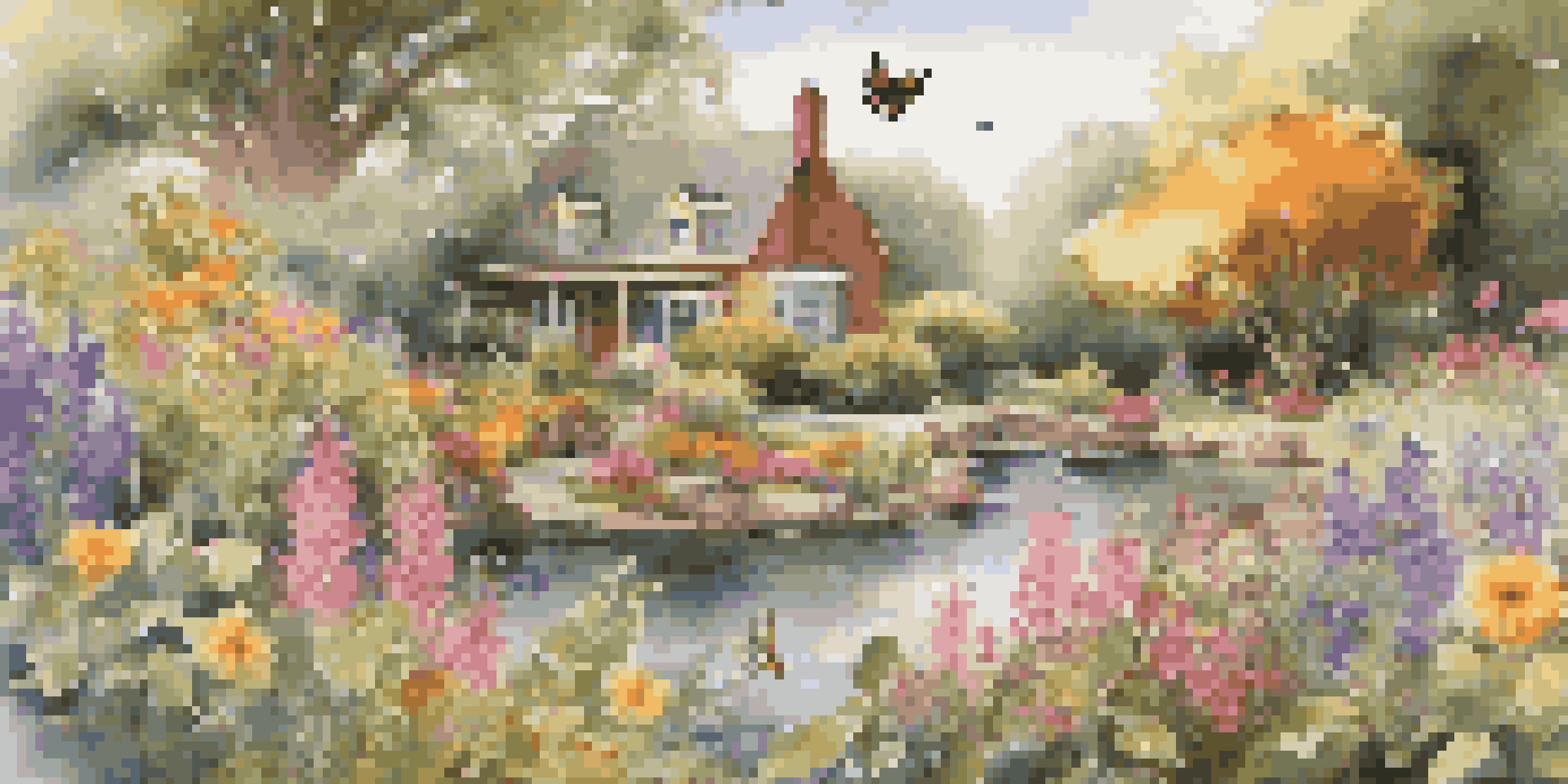 A colorful garden filled with blooming native flowers, butterflies, and bees, alongside a sparkling pond and a birdhouse in a serene outdoor setting.