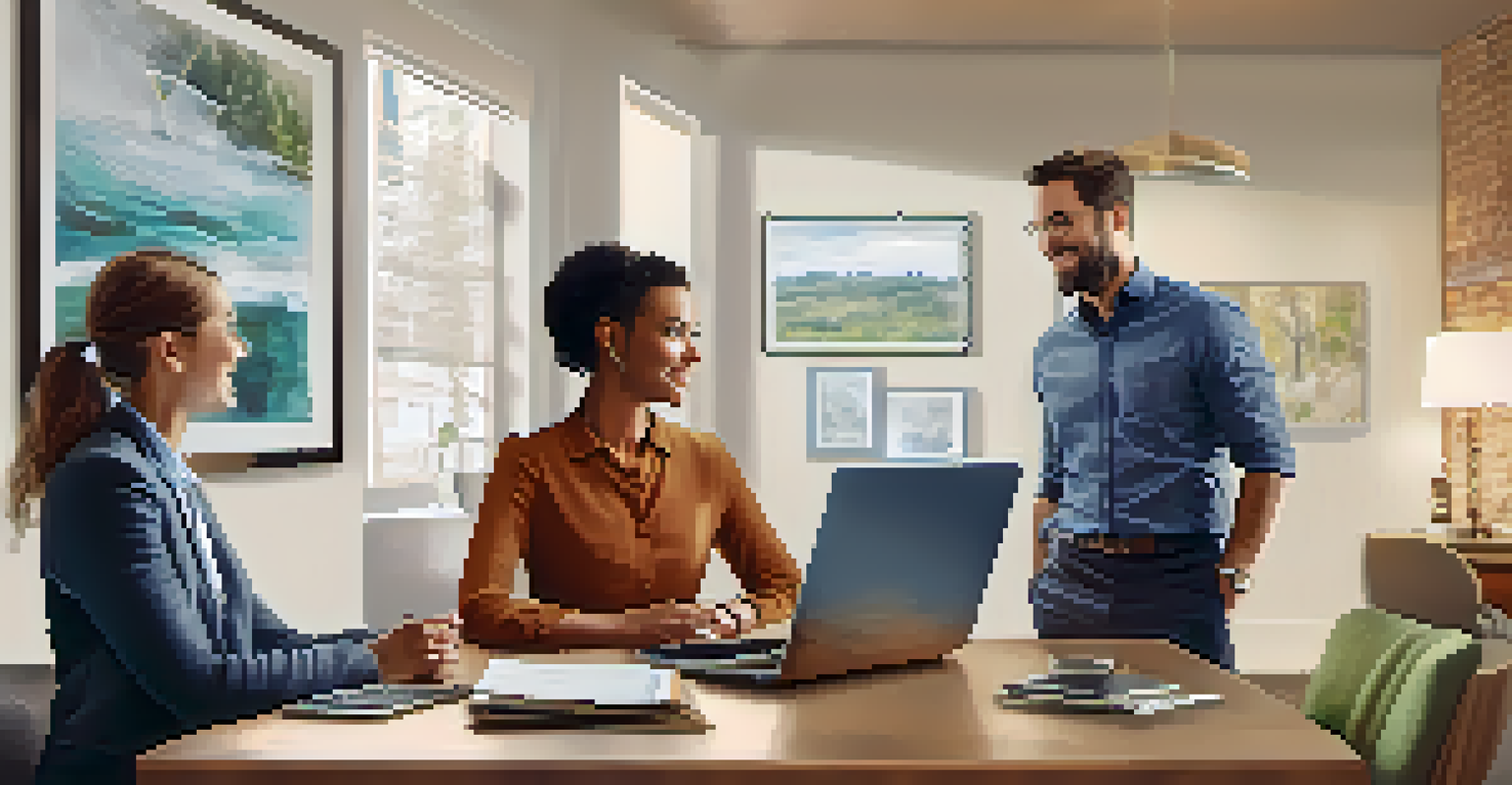 A mortgage broker showing mortgage options to a couple at a table in a welcoming office setting.