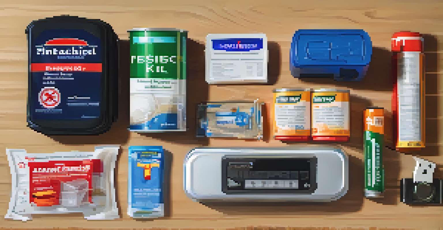 An emergency supply kit on a table, featuring a flashlight, batteries, phone charger, and non-perishable food items, all well-lit.