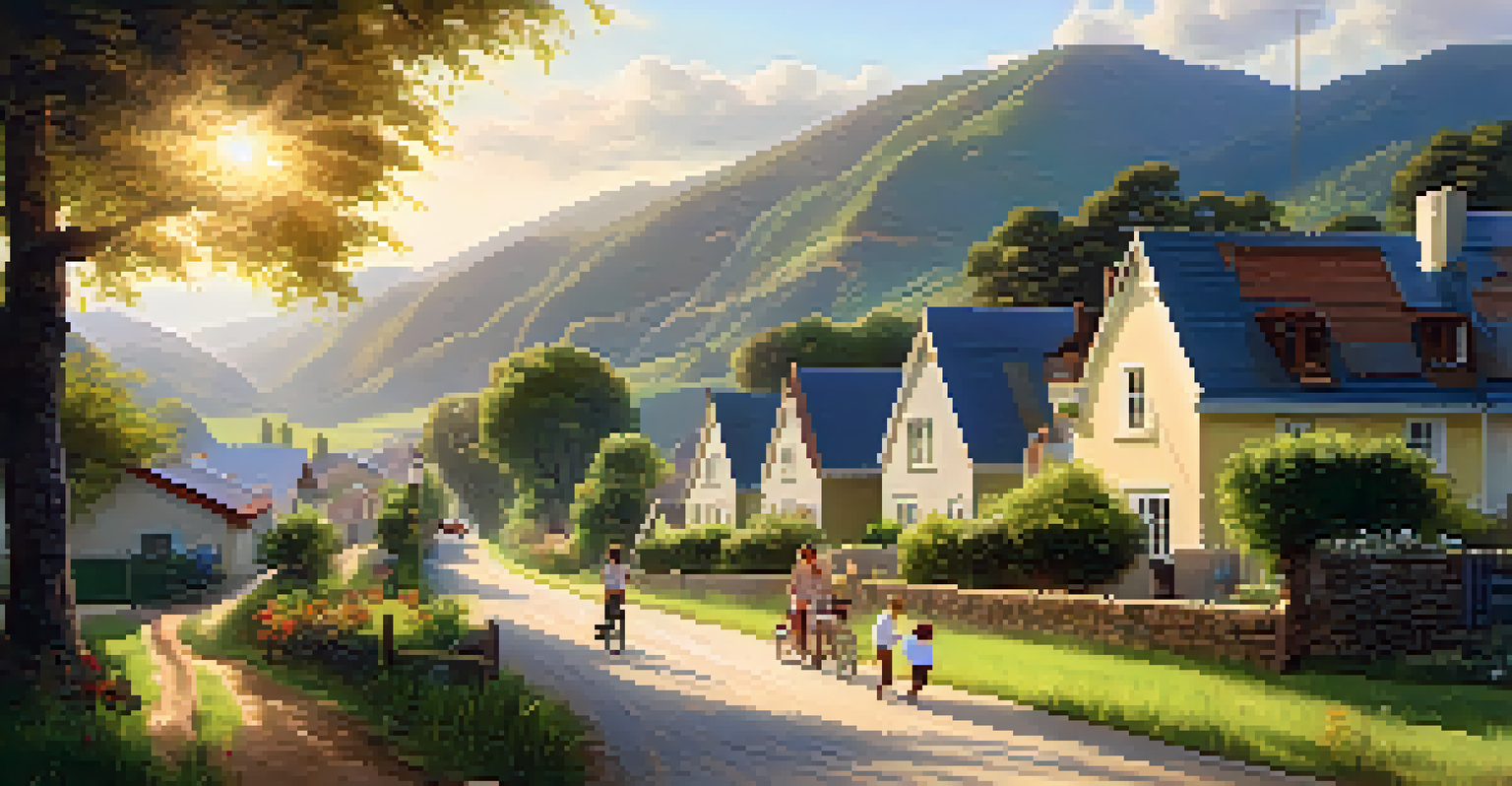 A peaceful rural setting with affordable homes and families enjoying the outdoors.