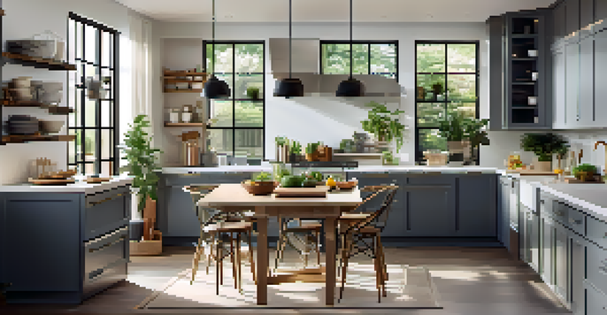 A modern kitchen with sleek cabinets, quartz countertops, and large windows letting in natural light, featuring indoor plants.