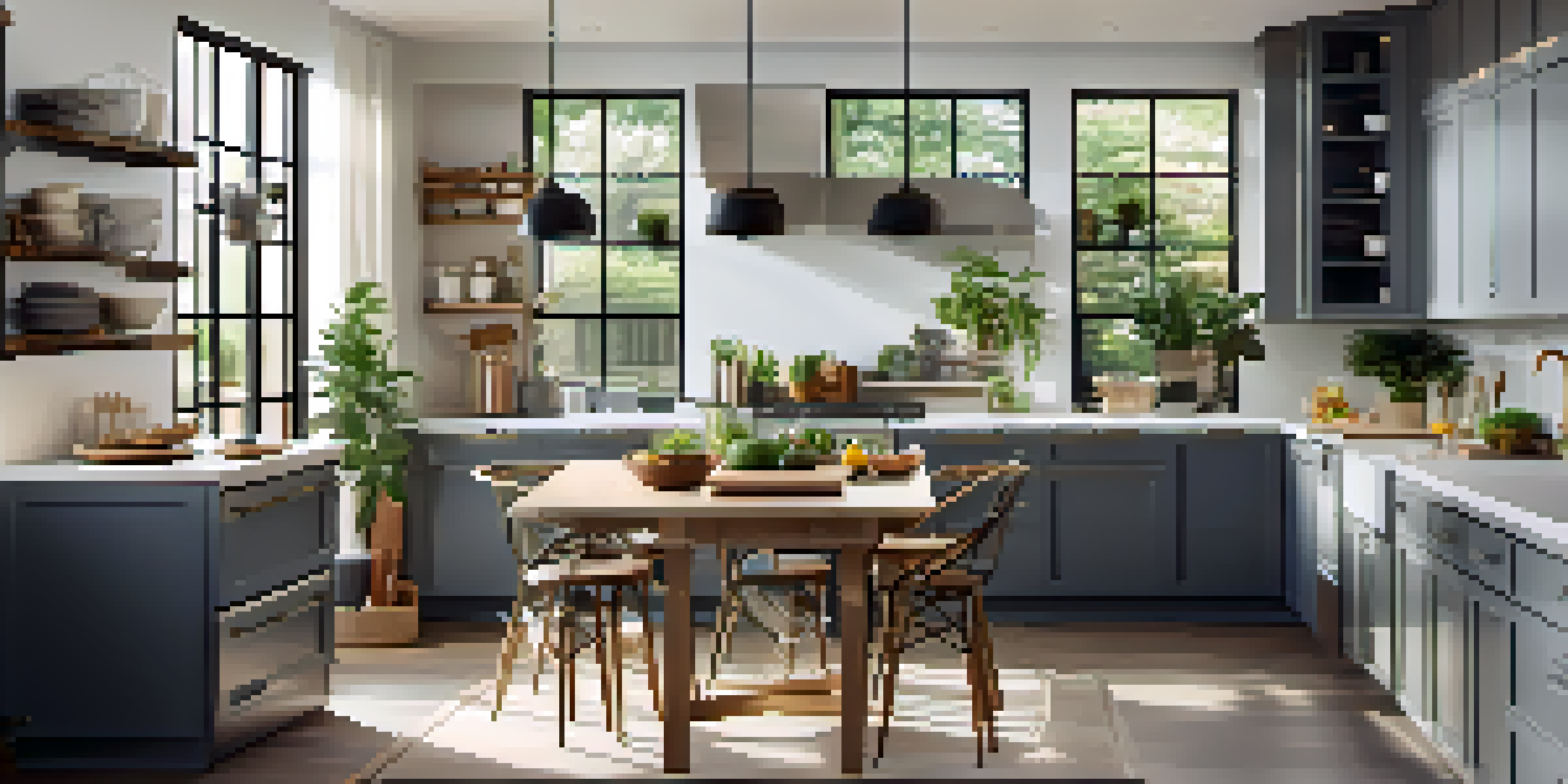 A modern kitchen with sleek cabinets, quartz countertops, and large windows letting in natural light, featuring indoor plants.