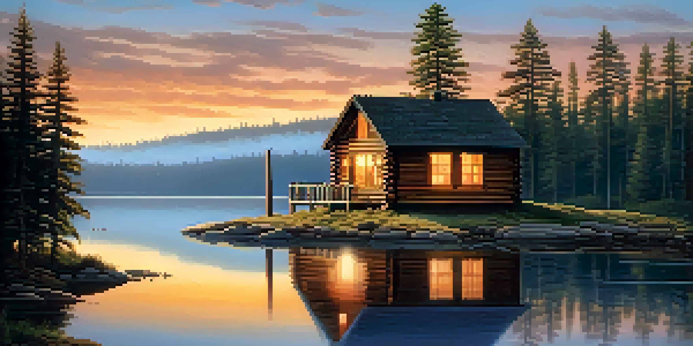 A peaceful cabin in a forest at sunrise, surrounded by pine trees and a misty lake.