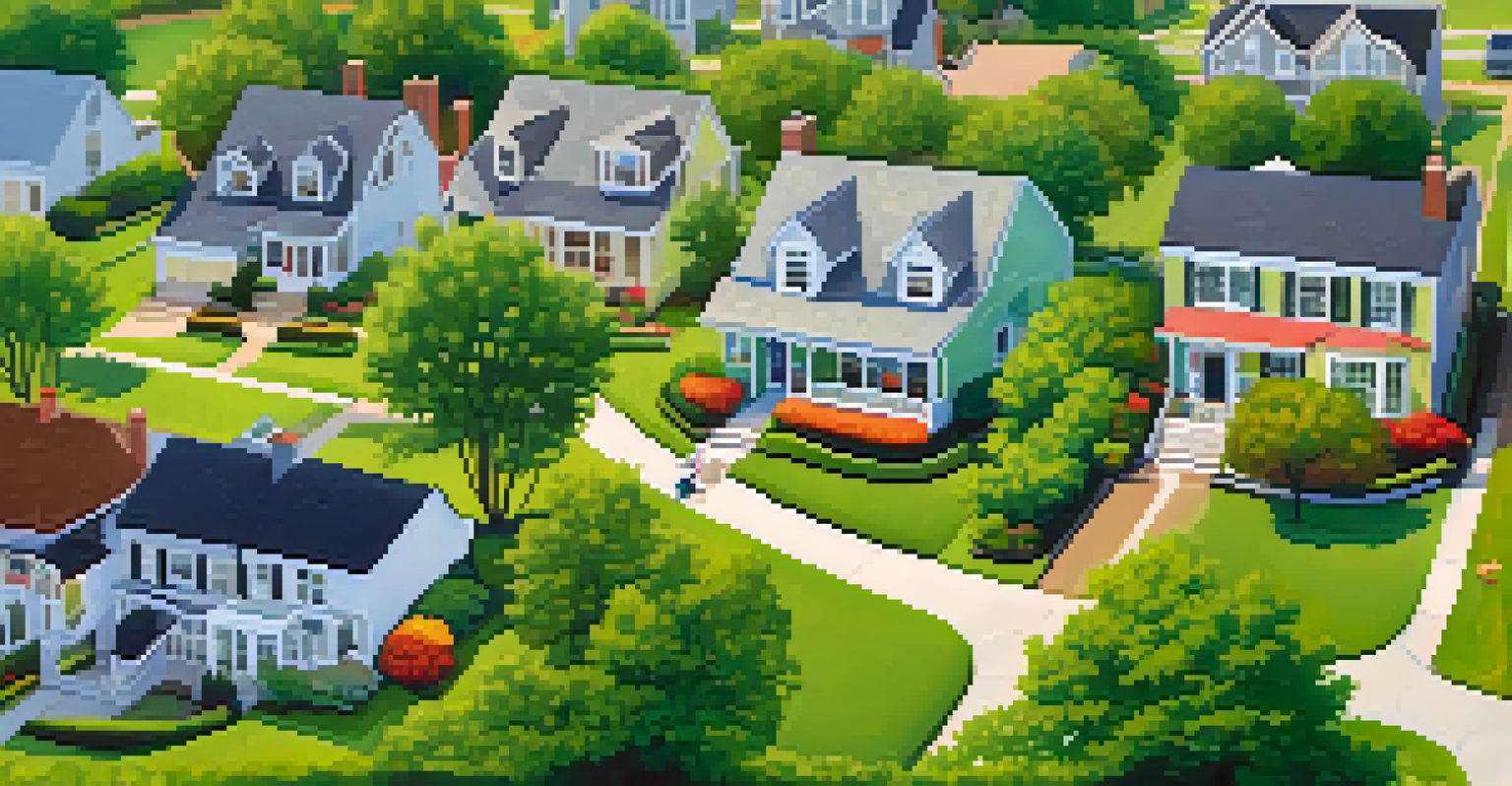 Aerial view of a suburban neighborhood with houses, green lawns, and families enjoying outdoor activities.