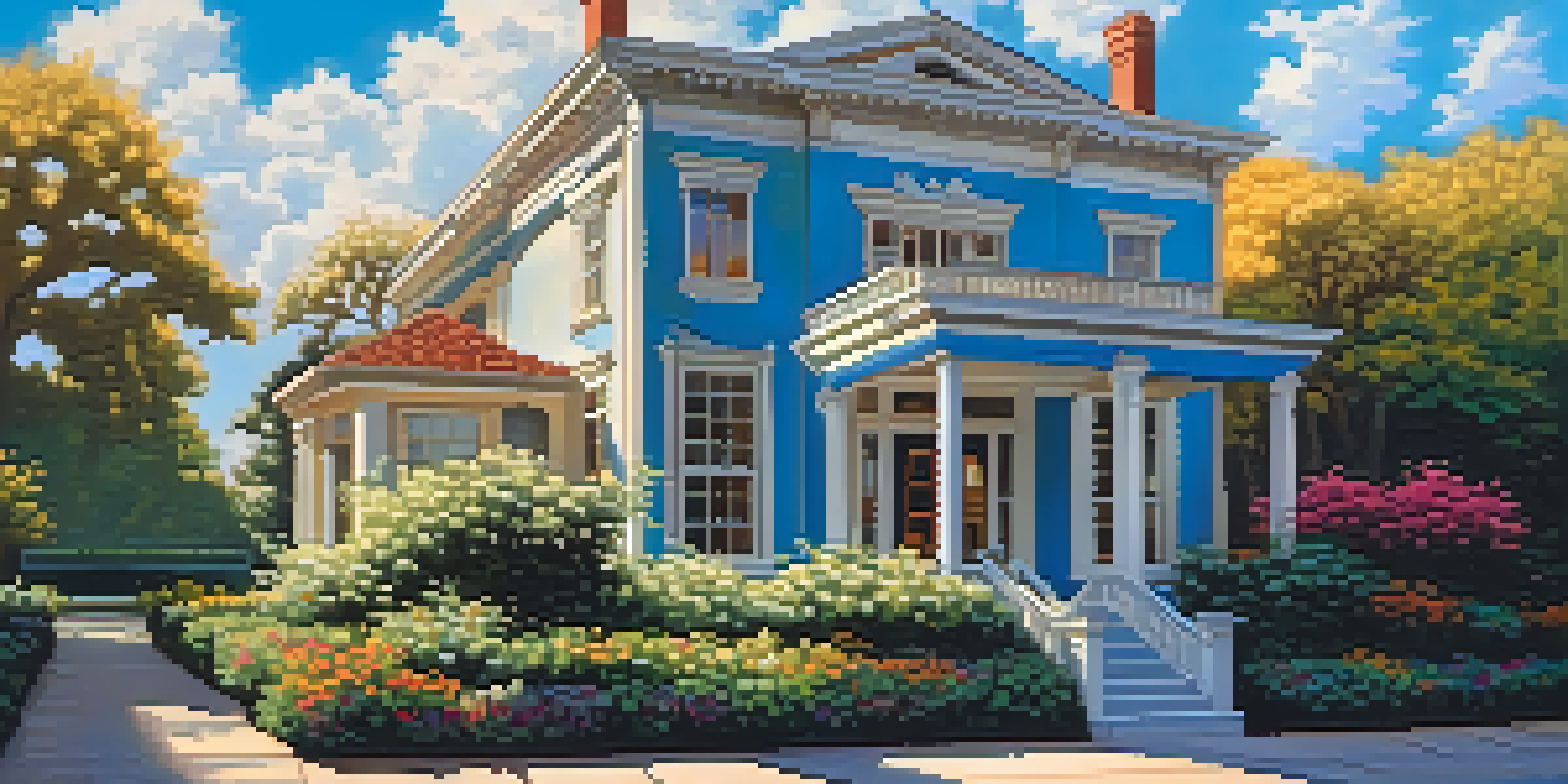 A restored historic building with original architectural features, surrounded by trees and colorful flowers under a bright blue sky.