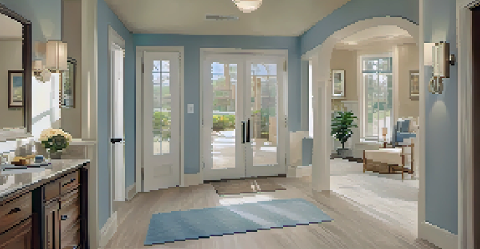 An accessible home interior with wide hallways, grab bars, and non-slip flooring, illuminated by soft natural light.