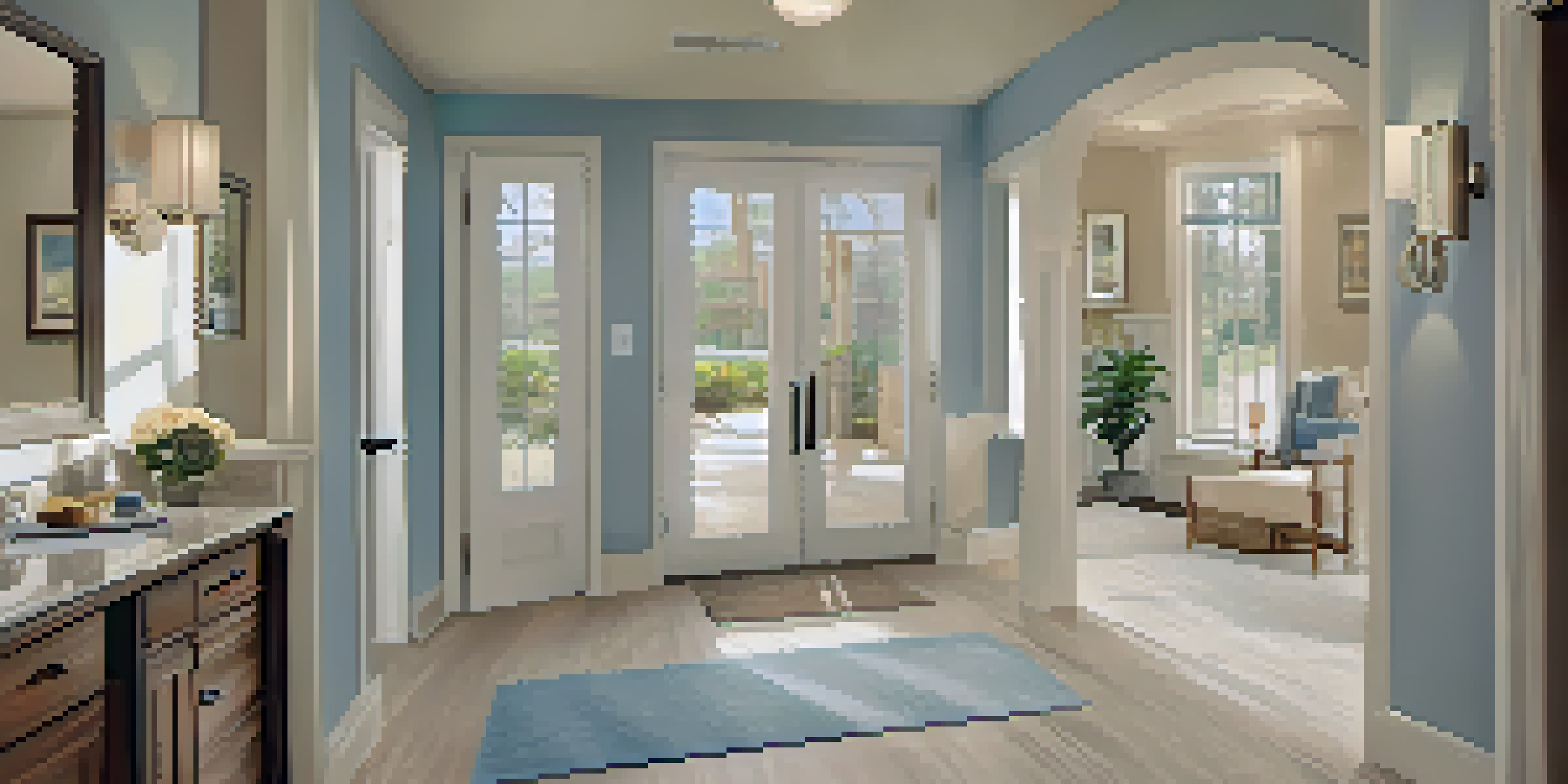 An accessible home interior with wide hallways, grab bars, and non-slip flooring, illuminated by soft natural light.