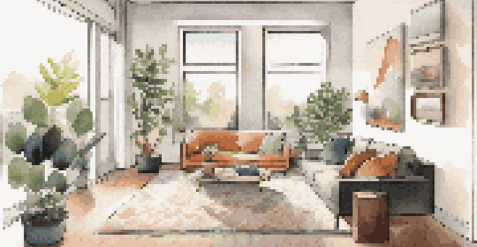 A bright and inviting modern apartment living room with a stylish couch, vibrant artwork, and large windows letting in natural light.