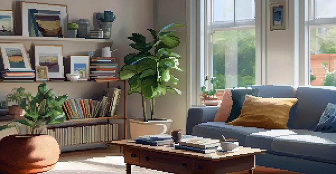 A warm and inviting living room with a couch, coffee table, and sunlight streaming through a window.