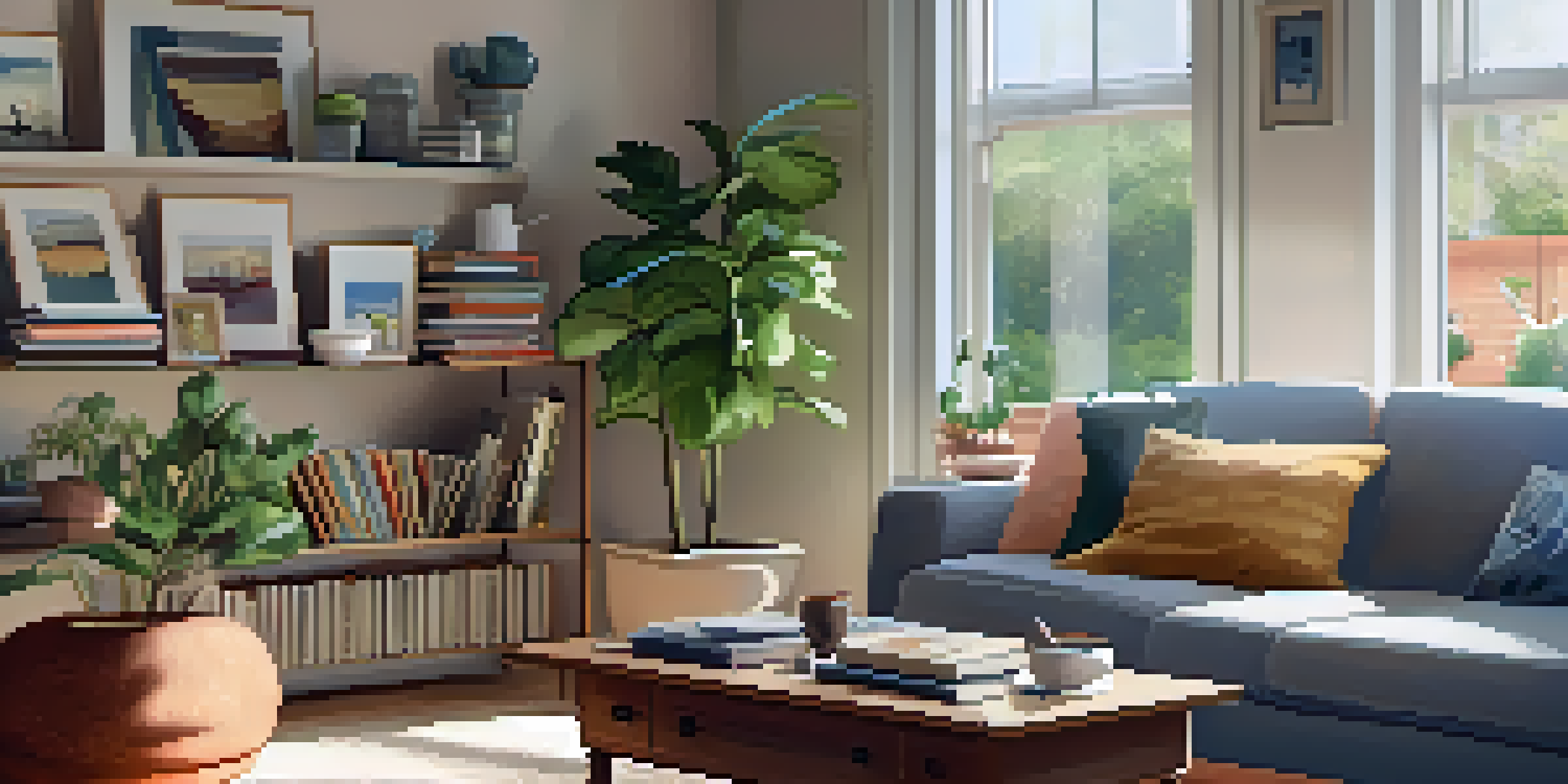 A warm and inviting living room with a couch, coffee table, and sunlight streaming through a window.