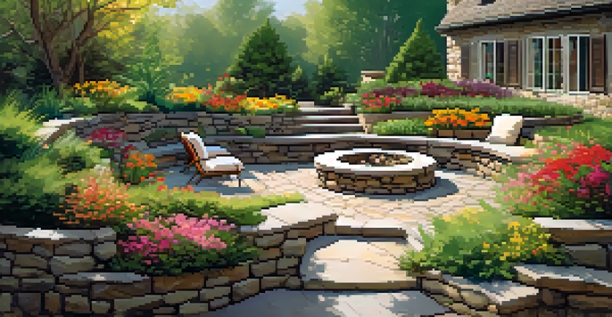A terraced sloped yard with colorful flower beds, stone retaining walls, and a cozy seating area under soft sunlight.
