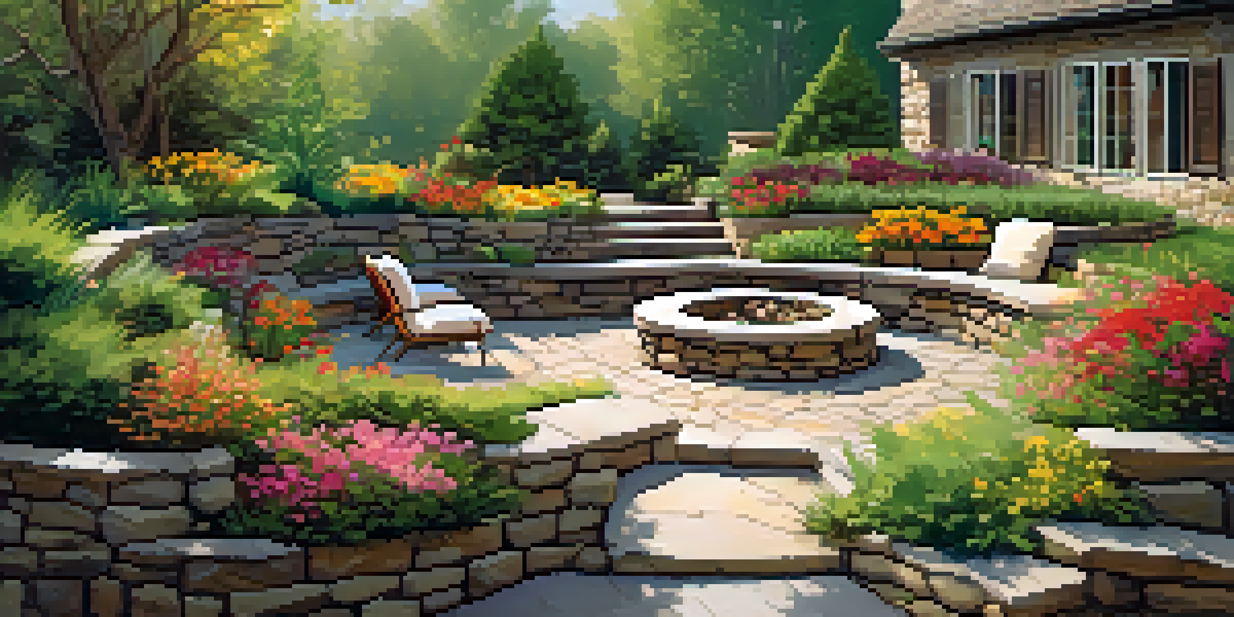 A terraced sloped yard with colorful flower beds, stone retaining walls, and a cozy seating area under soft sunlight.