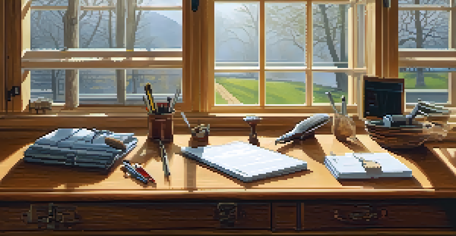 A wooden table with a seasonal maintenance checklist, tools, and a notebook, illuminated by natural light from a window.