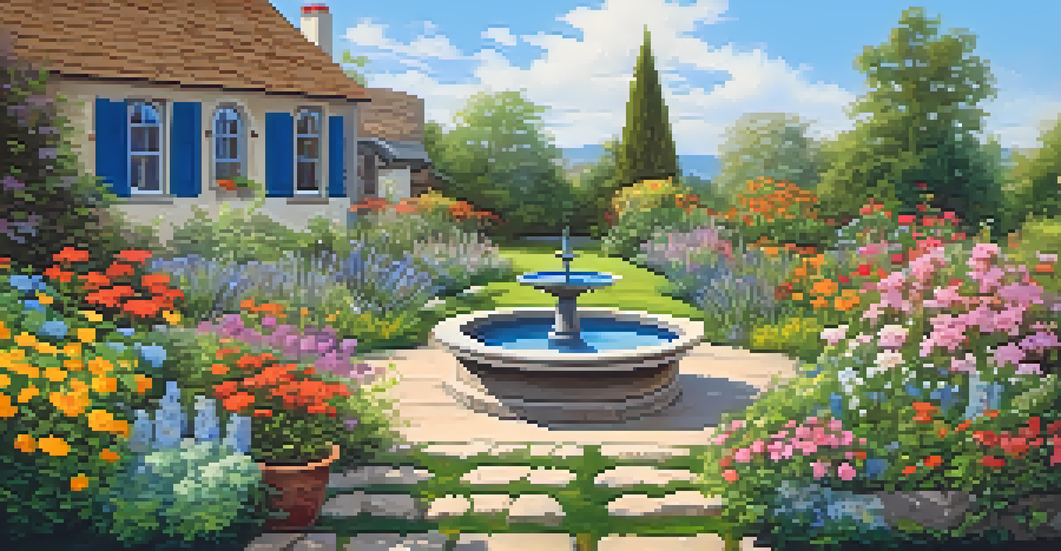 A garden scene featuring a rustic birdbath surrounded by flowers and herb pots under a clear blue sky.