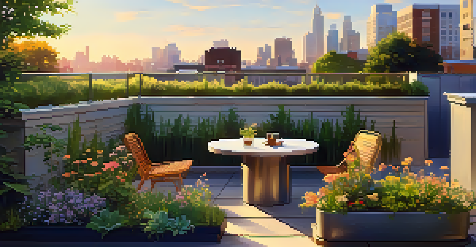 An intensive green roof with flowering plants, small trees, and a cozy seating area, illuminated by golden hour light.