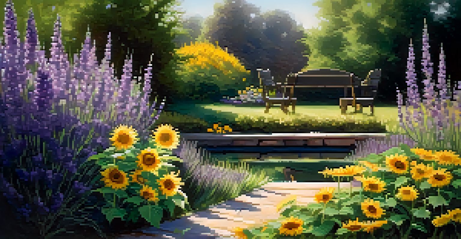A serene garden with a pond, a bench, sunflowers, and lavender under dappled sunlight.