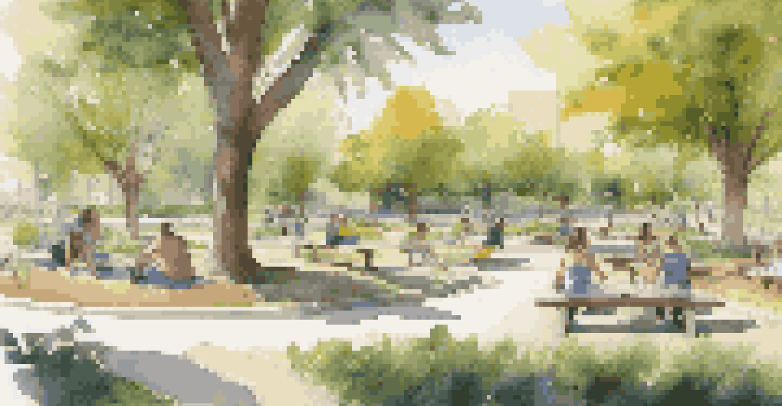 A sustainable park with permeable surfaces, native plants, and families enjoying the outdoors.
