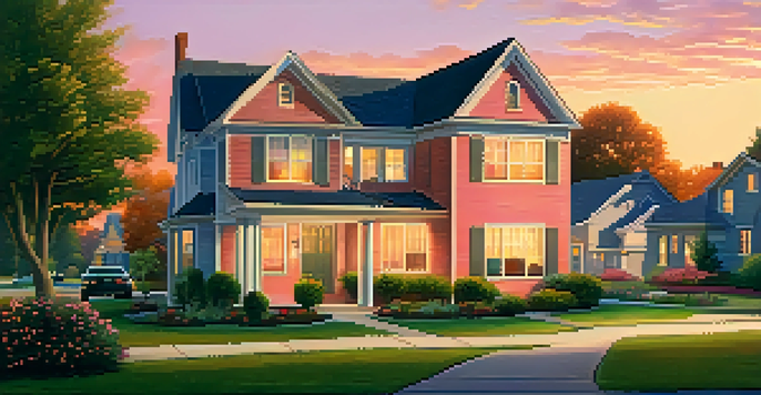 A peaceful suburban neighborhood with houses, children playing outside, and a couple working from home.