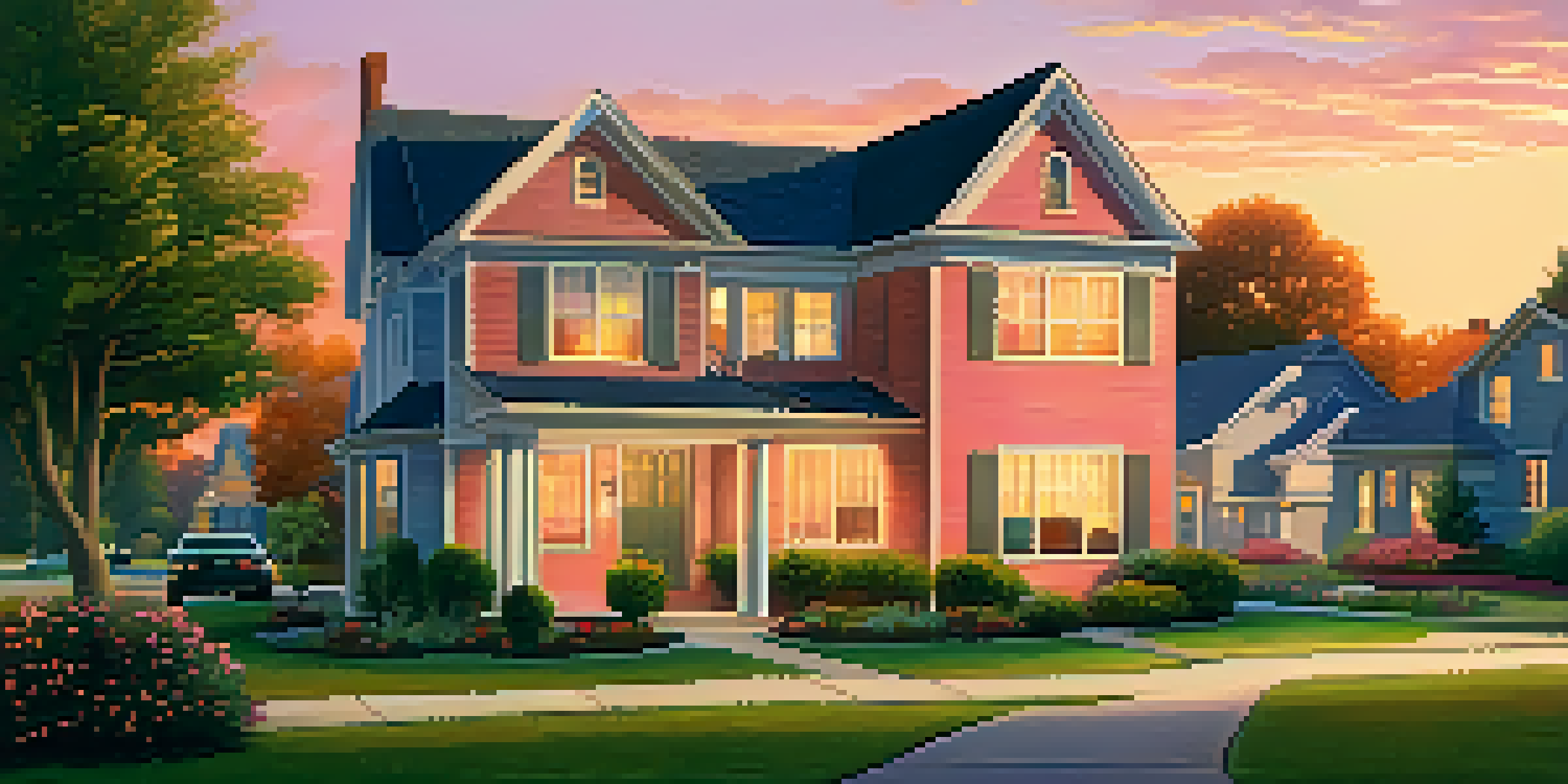 A peaceful suburban neighborhood with houses, children playing outside, and a couple working from home.