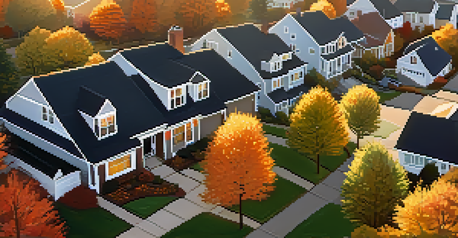 An aerial view of a suburban neighborhood in autumn, highlighting homes with colorful fall foliage.