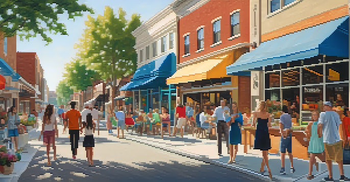 A busy neighborhood street with local businesses and a new shopping center, filled with people and colorful storefronts under warm sunlight.