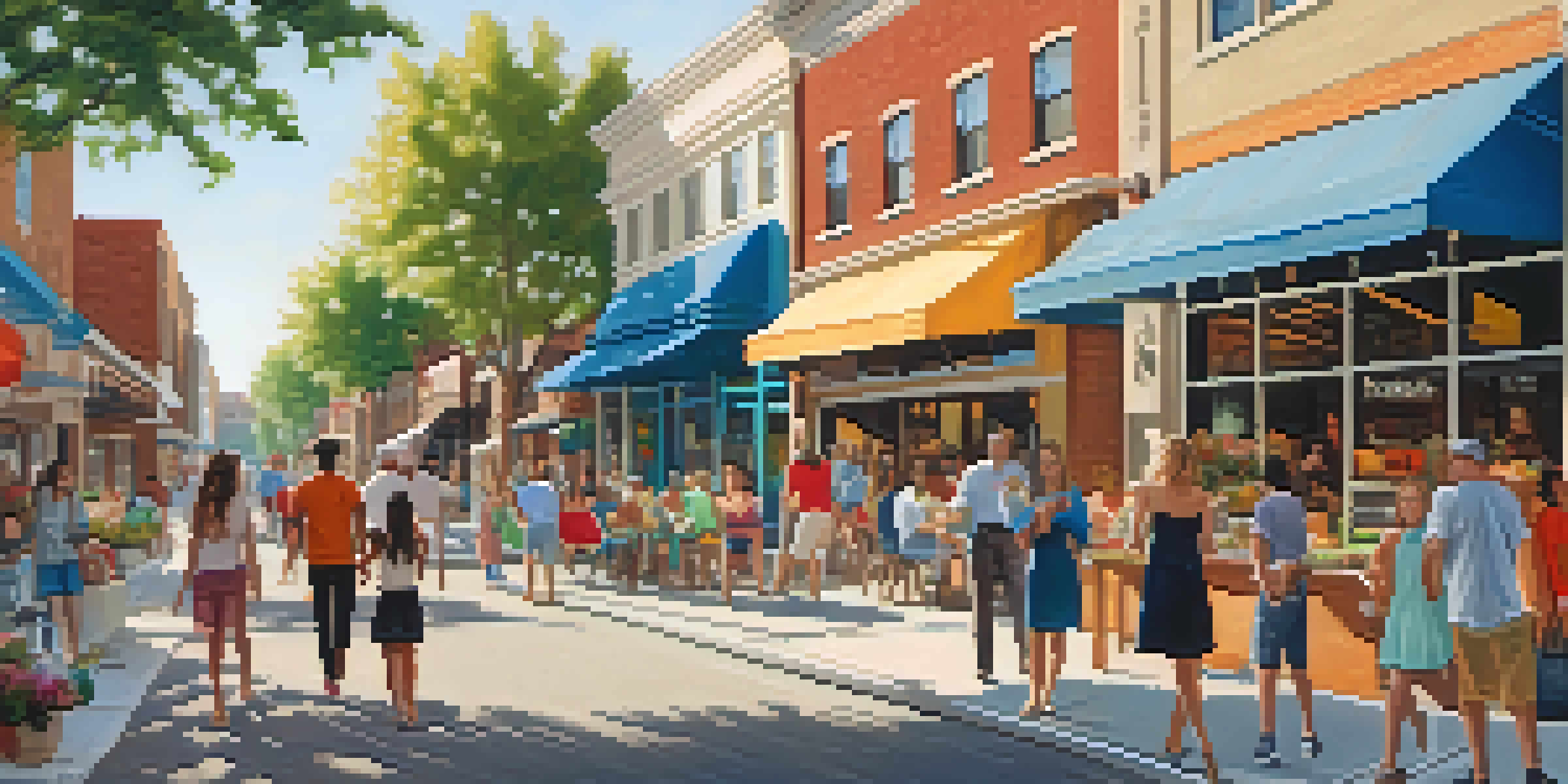 A busy neighborhood street with local businesses and a new shopping center, filled with people and colorful storefronts under warm sunlight.