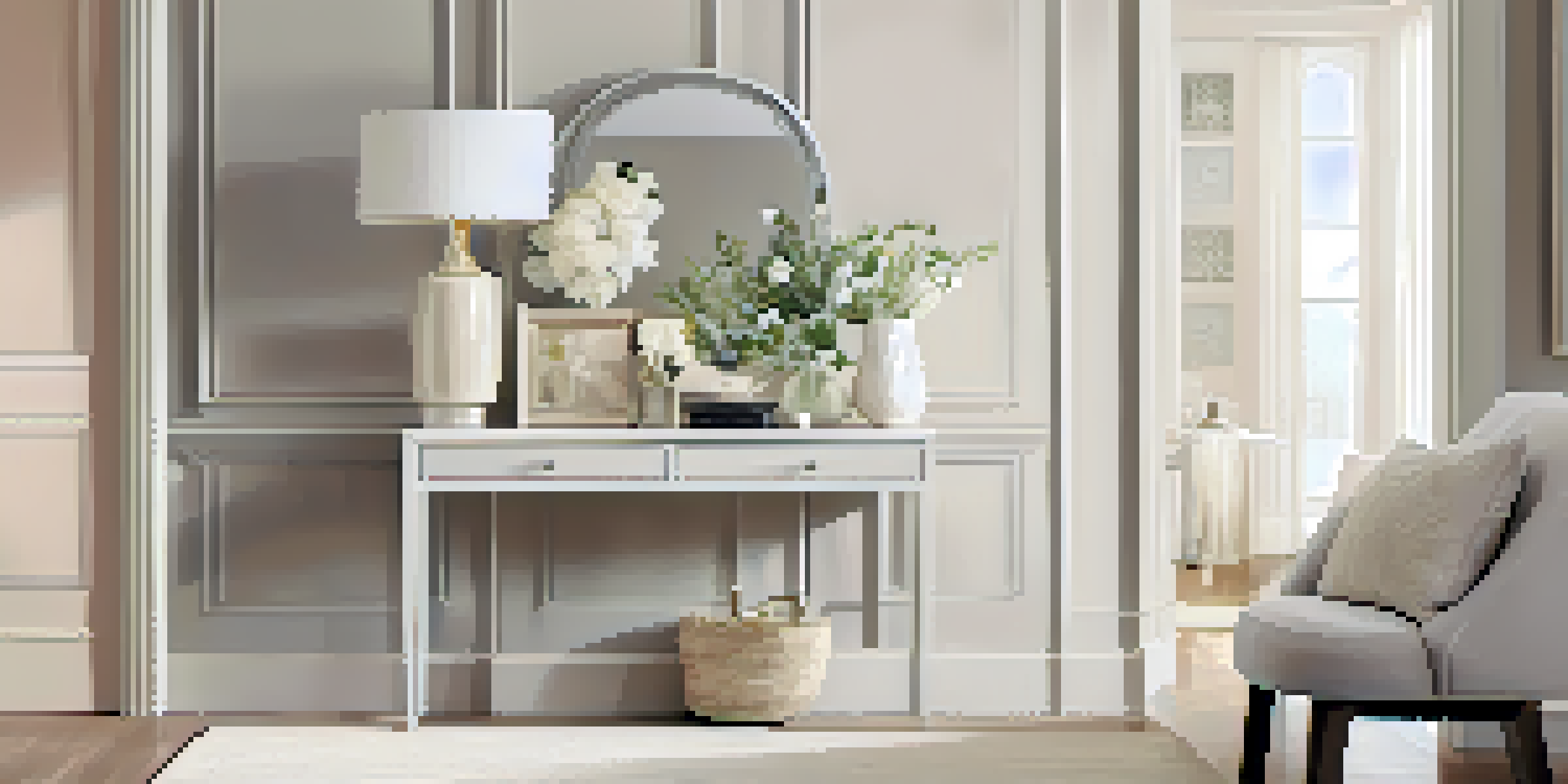 A bright and inviting small entryway with light-colored walls, a white console table, and a beige rug, enhanced by a large mirror reflecting natural light.