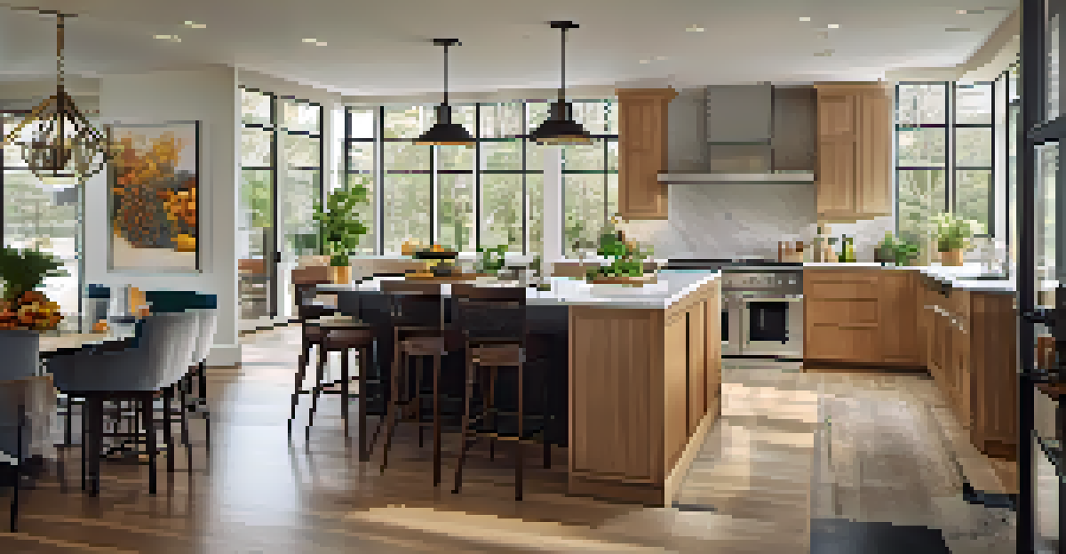 A modern gourmet kitchen with high-end appliances and natural light, featuring a spacious island and decorative items.