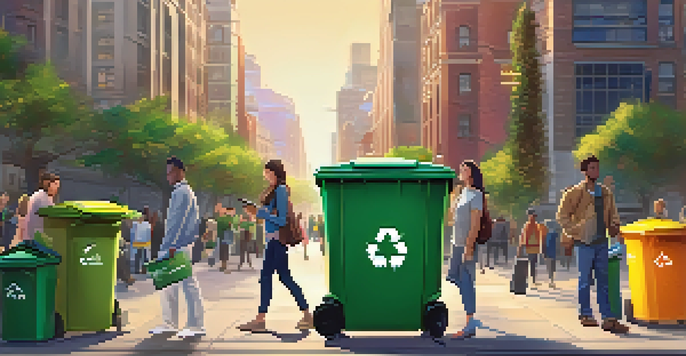 A vibrant city street with modern smart waste bins and citizens using a mobile app for waste tracking, surrounded by greenery.