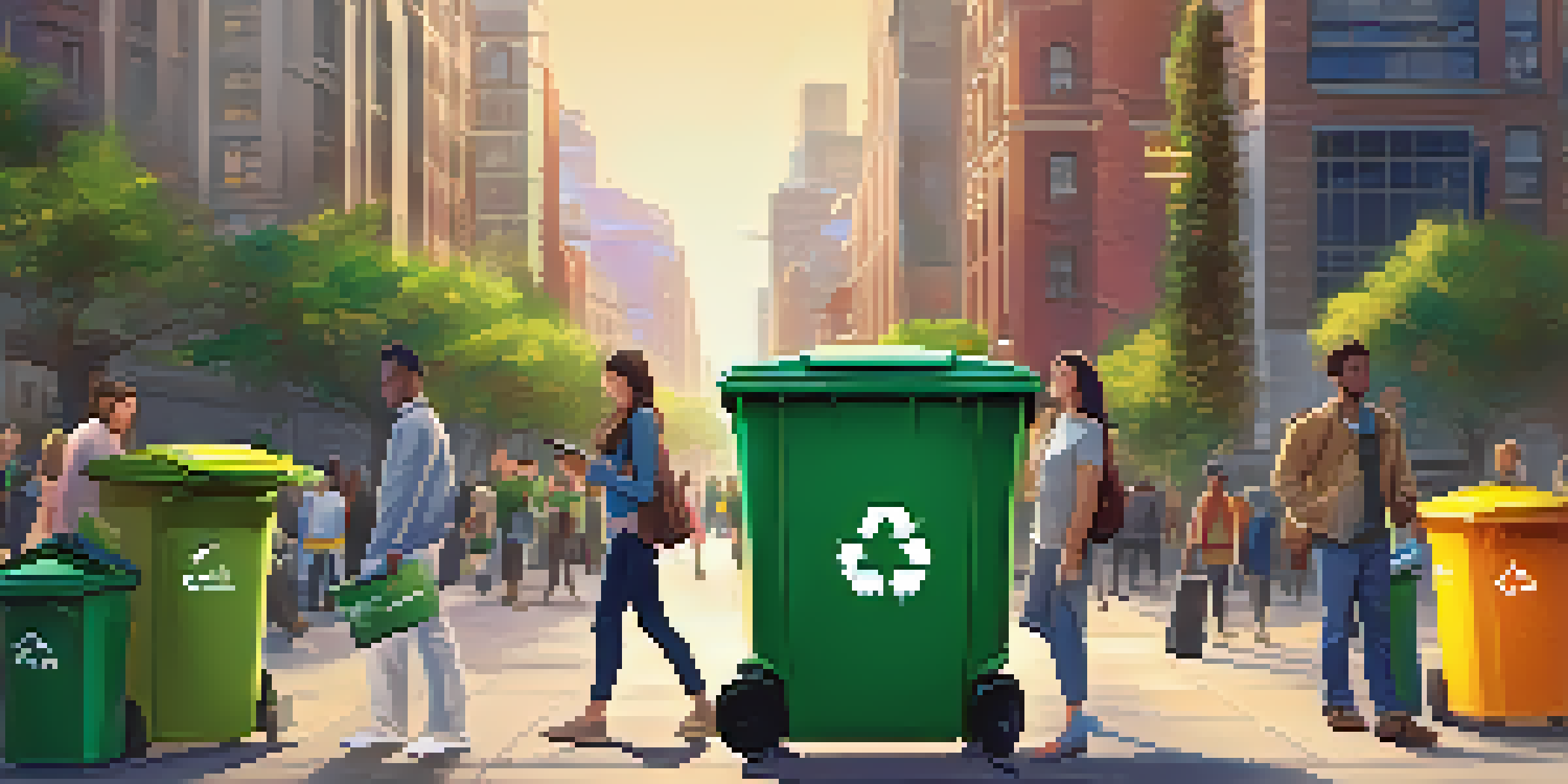 A vibrant city street with modern smart waste bins and citizens using a mobile app for waste tracking, surrounded by greenery.