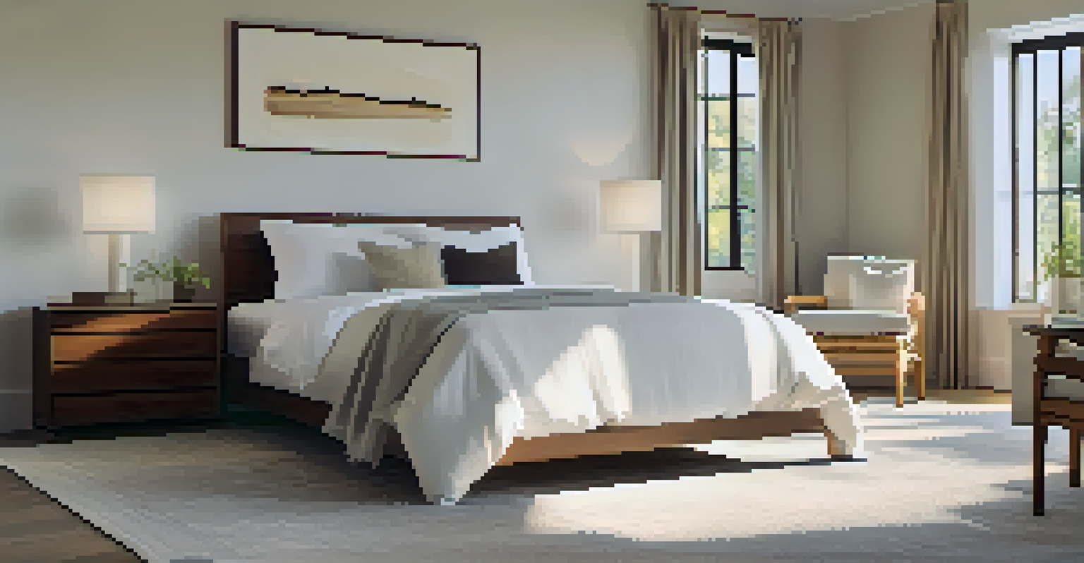 A minimalist bedroom with a neatly made bed in white linens, a wooden nightstand, and natural light coming through a large window, creating a calm atmosphere.