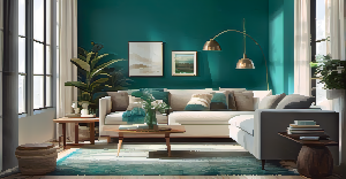 A cozy living room with a vibrant teal accent wall, plush furniture, and houseplants, filled with natural light.
