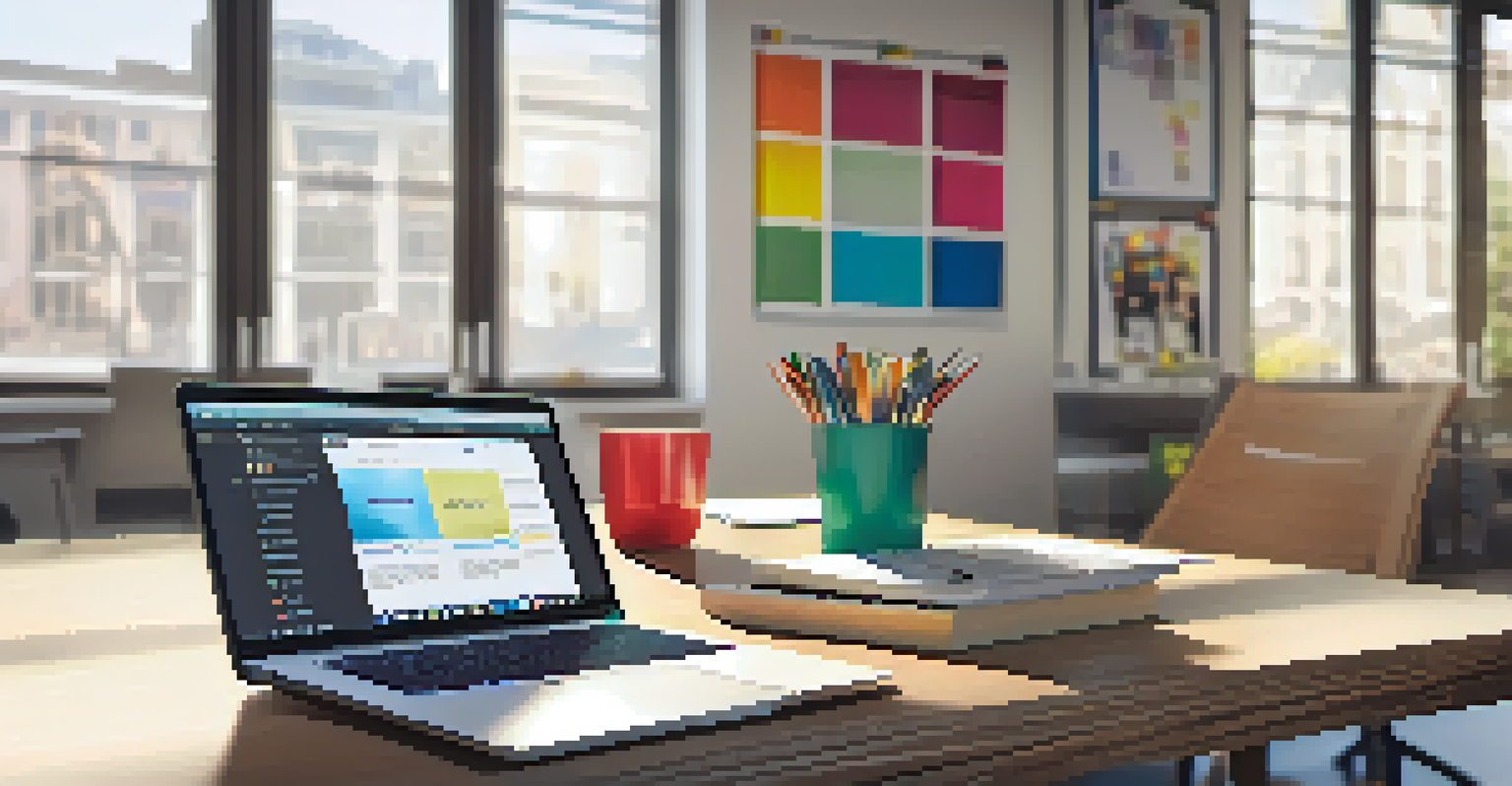 A detailed view of a marketing strategy meeting with a laptop, brochures, and brainstorming notes on a table.