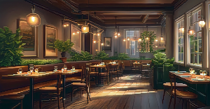 A warm and inviting restaurant interior with dim lighting, wooden tables, and pendant lights.