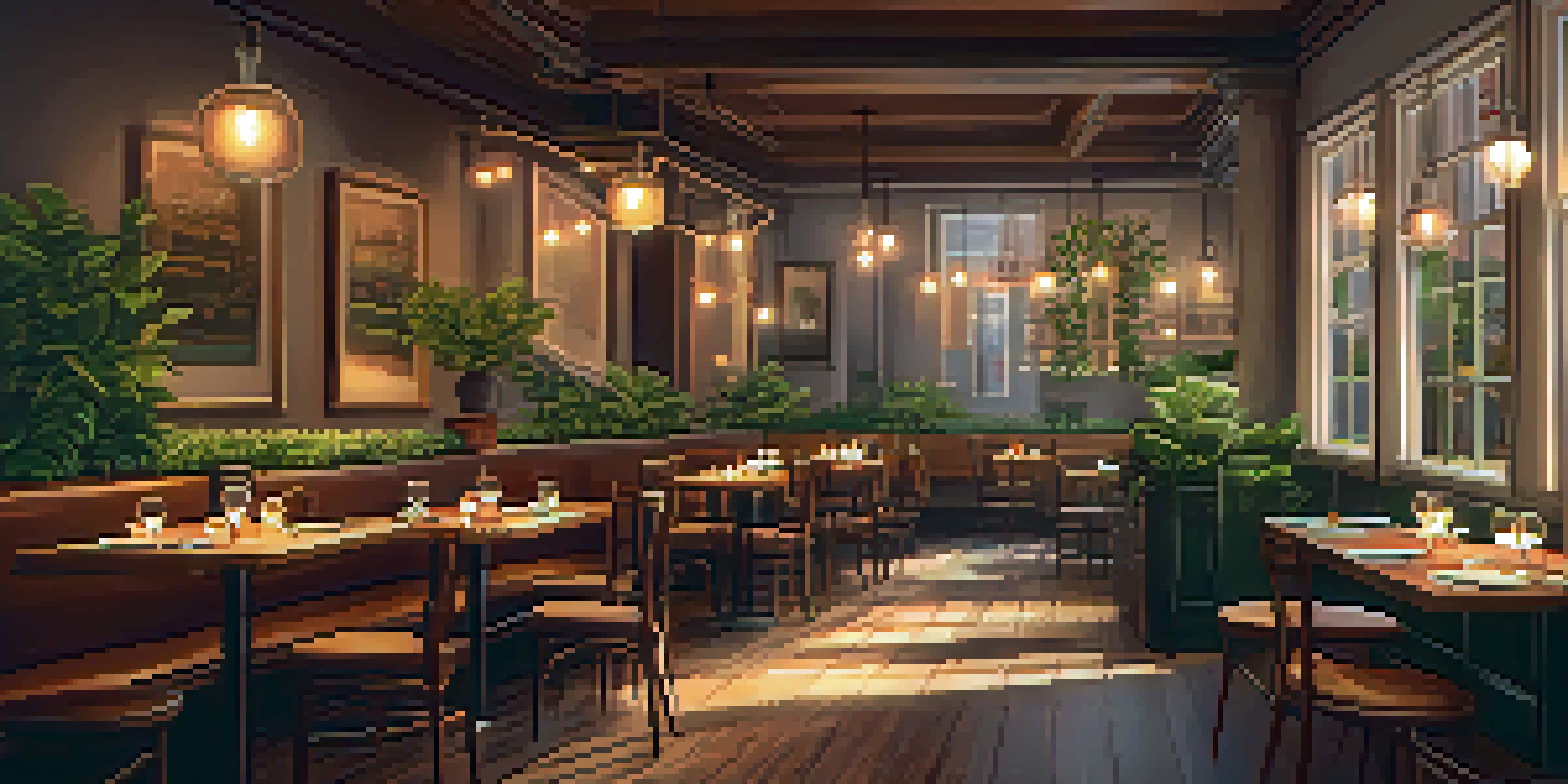 A warm and inviting restaurant interior with dim lighting, wooden tables, and pendant lights.