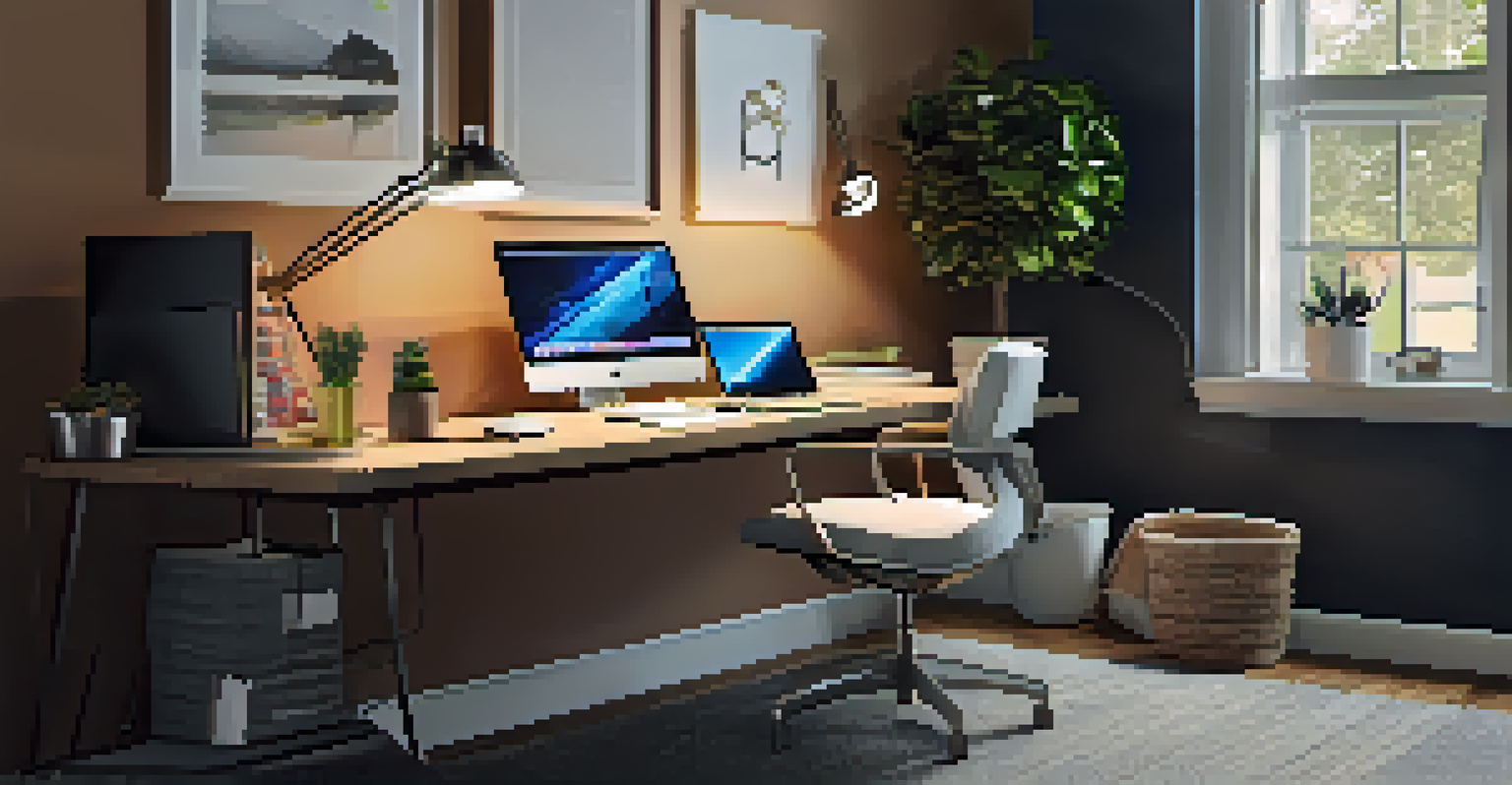 A cozy home office corner with a sleek desk, laptop displaying organizational apps, cable management solutions, and inviting lighting.