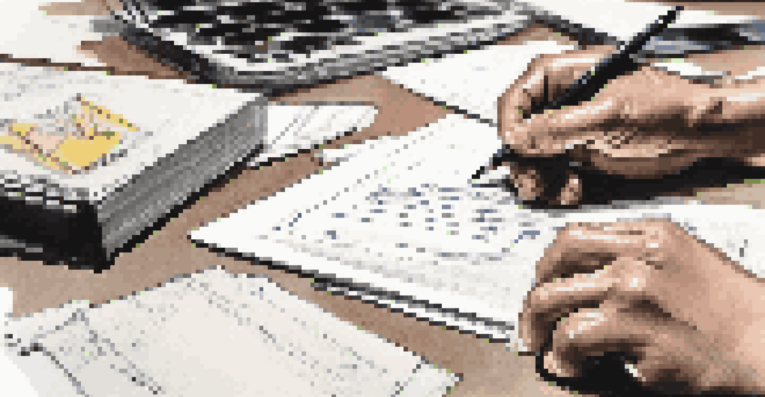 A close-up view of a contractor's hands taking notes during a conflict resolution workshop, surrounded by documents and colorful stationery on a table.
