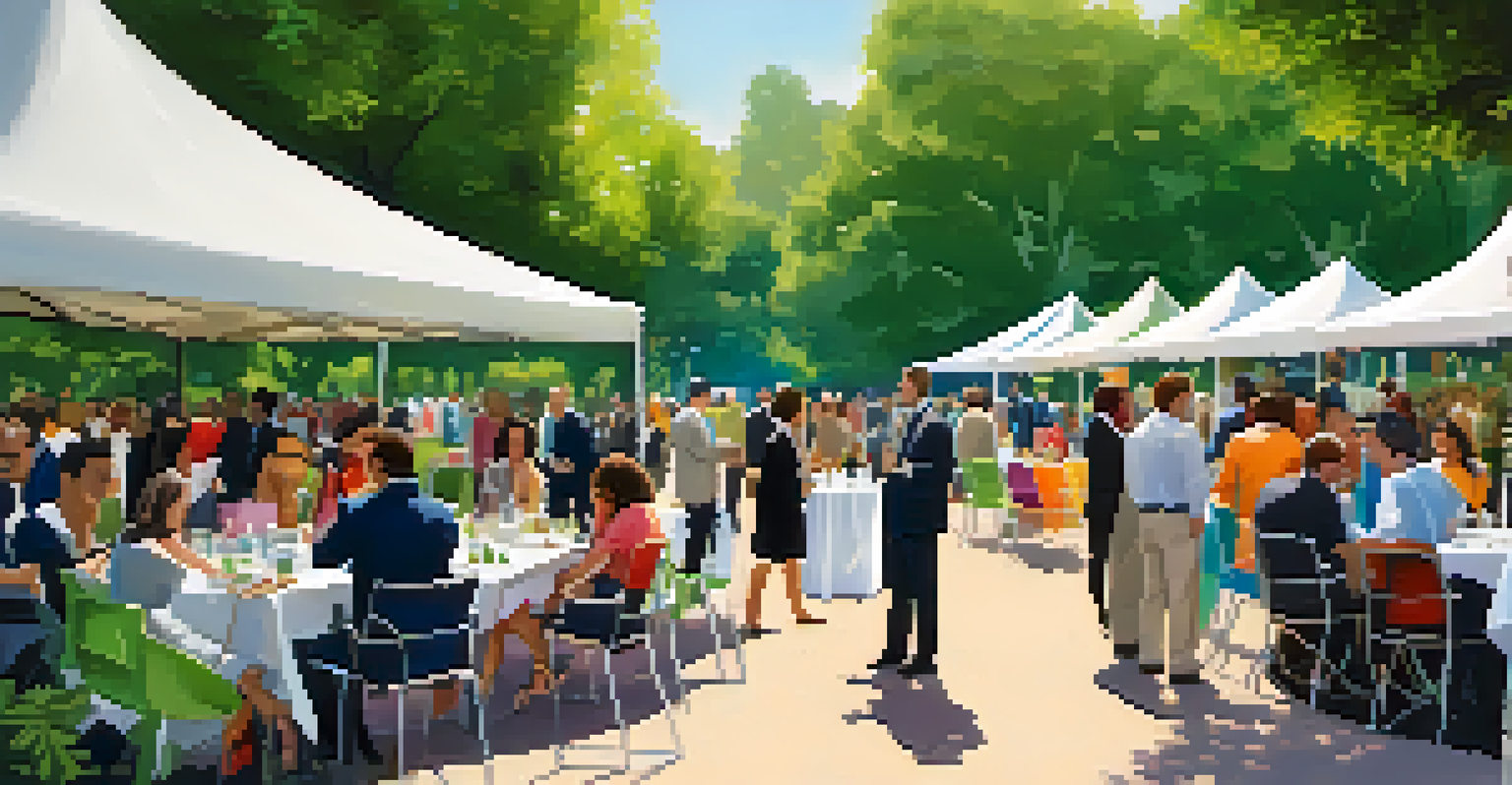 A networking event with investors talking in a park surrounded by greenery.