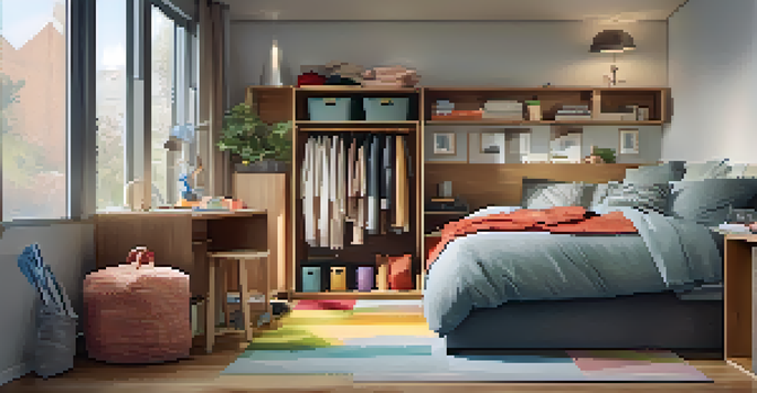 A warm and inviting bedroom with a neatly made bed and colorful under-bed storage bins filled with clothing.