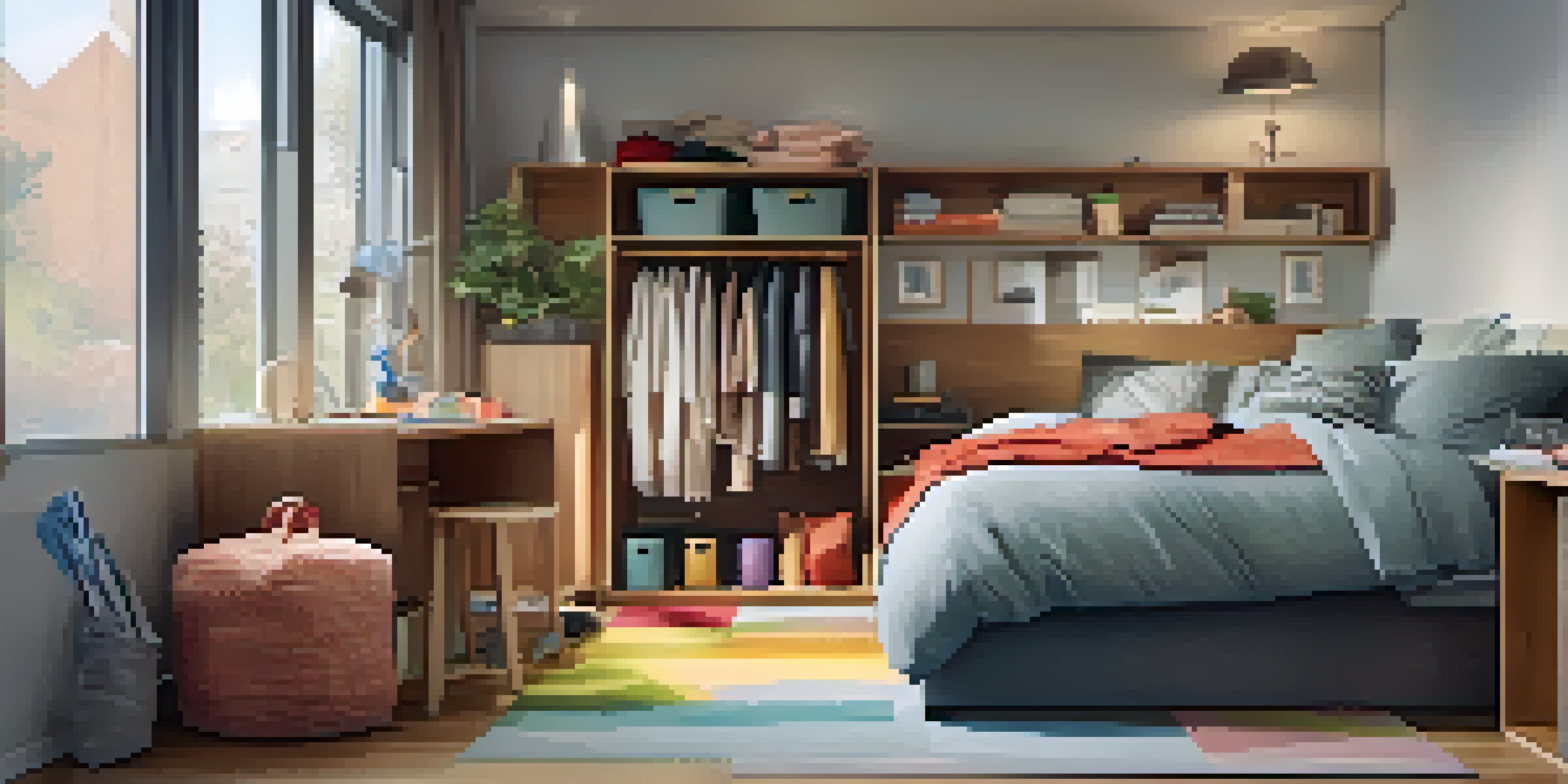 A warm and inviting bedroom with a neatly made bed and colorful under-bed storage bins filled with clothing.
