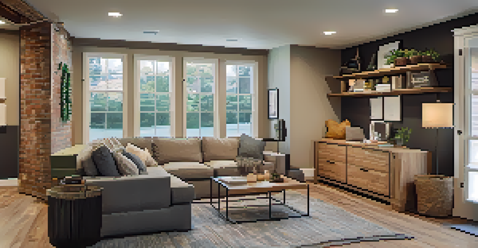 A cozy and multifunctional finished basement with comfortable seating, a home office area, and natural light from egress windows.