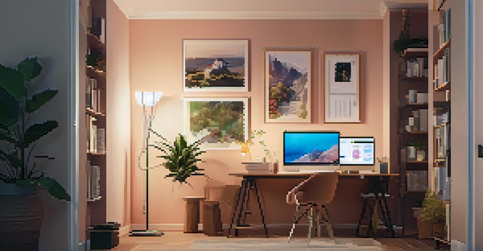A beautiful workspace with smart lighting that changes color, featuring a cozy reading nook and a bright area for video calls, all organized for productivity.