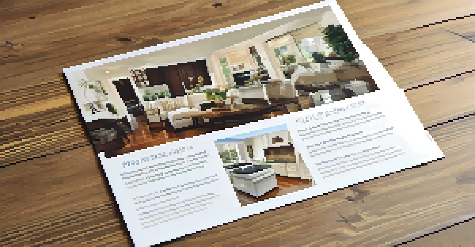A close-up of an open house flyer on a wooden table showing images of a living room and kitchen.