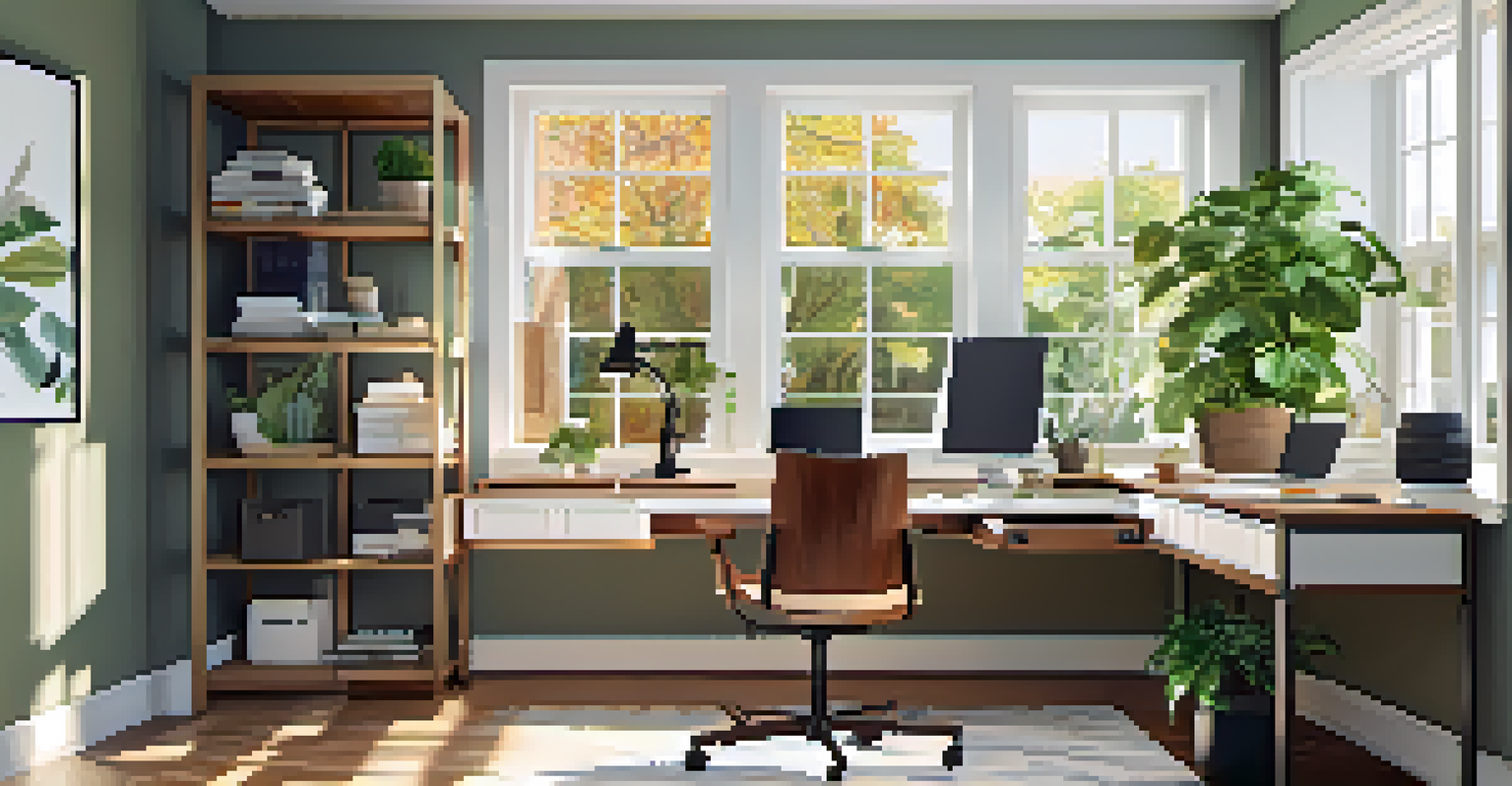A bright home office with a modern desk, chair, and plants, filled with natural light.
