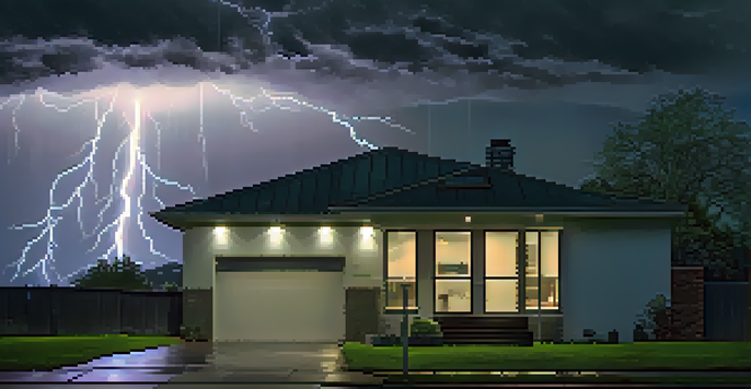 A modern home with security features visible, including a camera and alarm system, during a stormy night with visible rain and lightning.