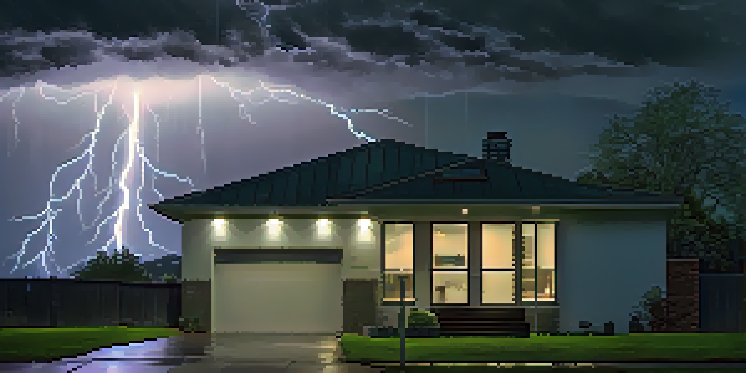 A modern home with security features visible, including a camera and alarm system, during a stormy night with visible rain and lightning.