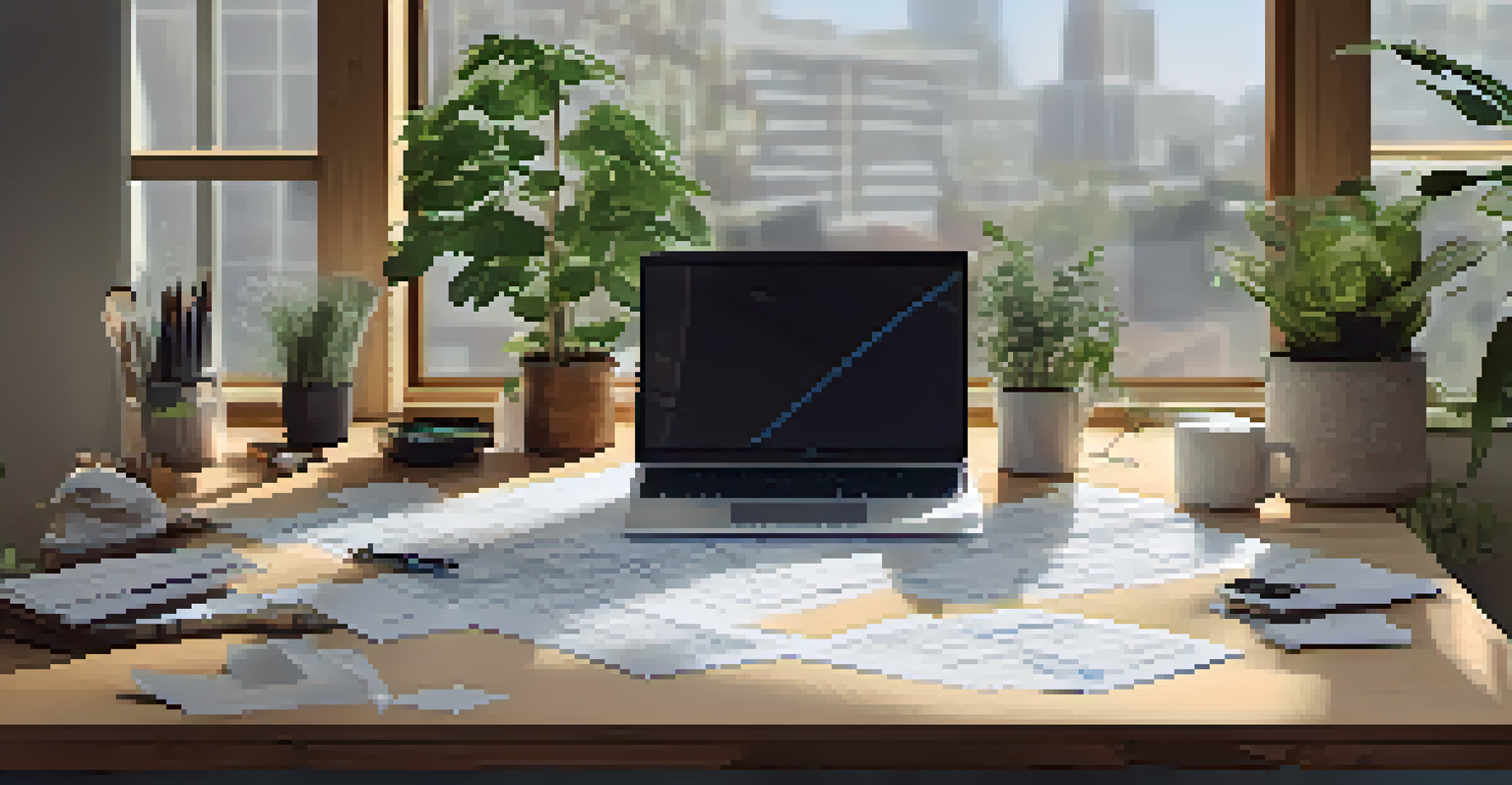 An architect's desk with blueprints for an energy-efficient building, surrounded by plants and natural light.
