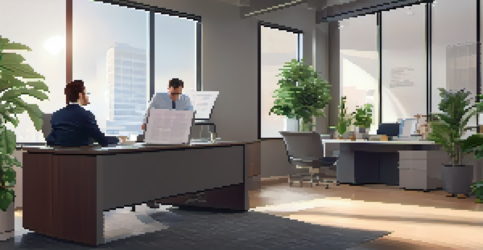 A financial advisor consulting a client in a modern office about mortgage options with papers and a laptop on the desk.