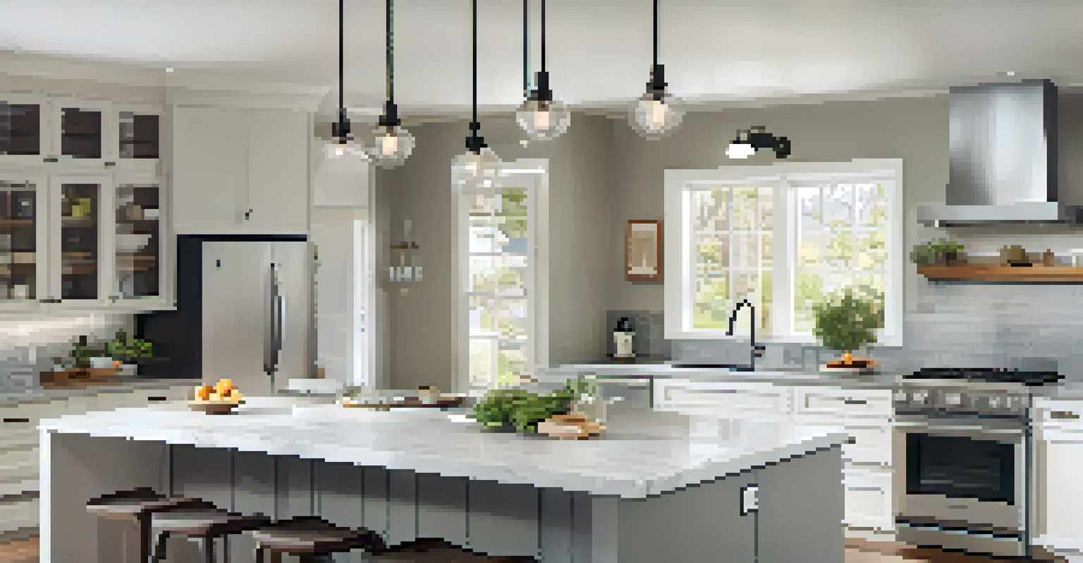 A home inspector reviewing renovation plans with homeowners in a bright modern kitchen.
