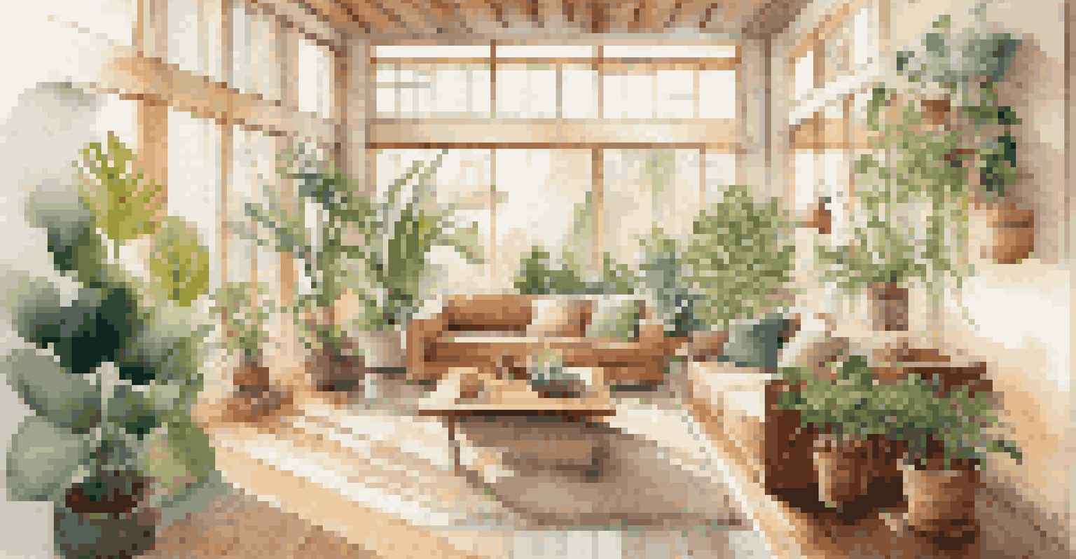 A bright living room featuring indoor plants, large windows, and wooden furniture, illuminated by sunlight.